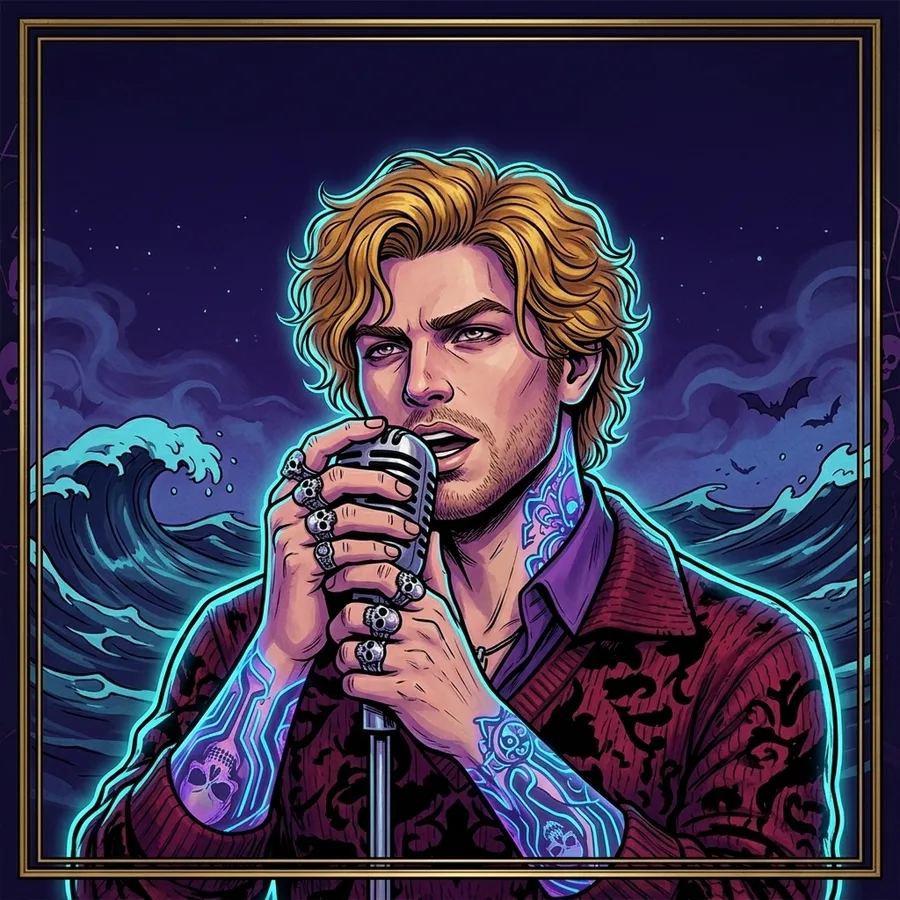 Illustration of Cyan: tousled golden hair, burgundy knit sweater, singing into a vintage silver microphone in front of cyan waves