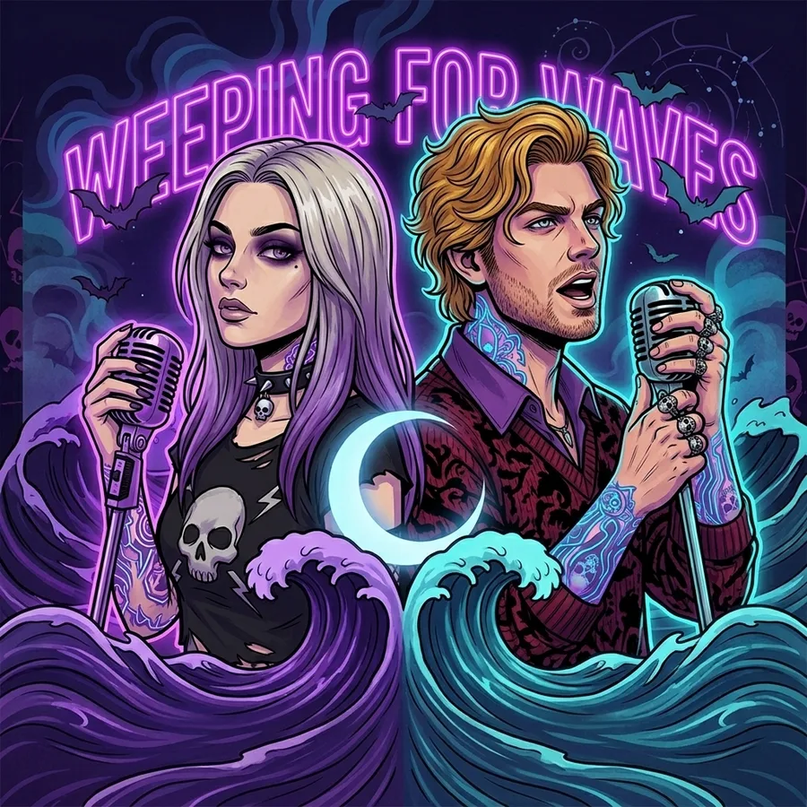 Illustration of Luna and Cyan holding microphones above violet and cyan waves