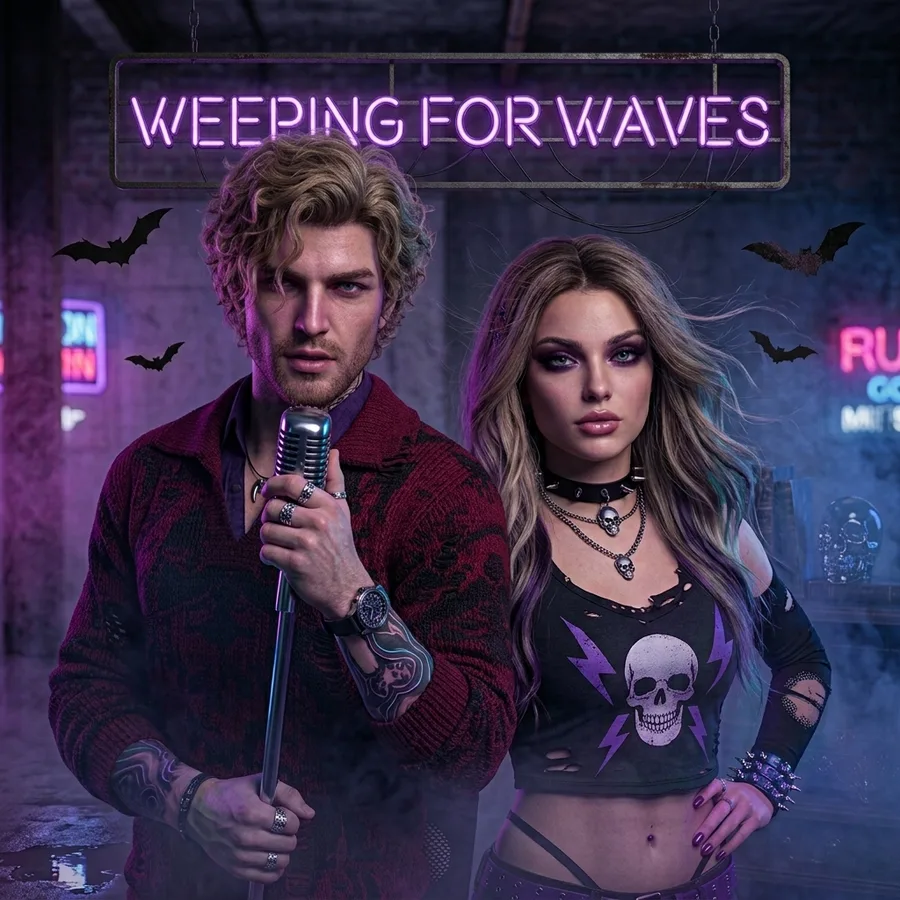 AI-generated portrait of Luna and Cyan under a violet neon Weeping For Waves sign
